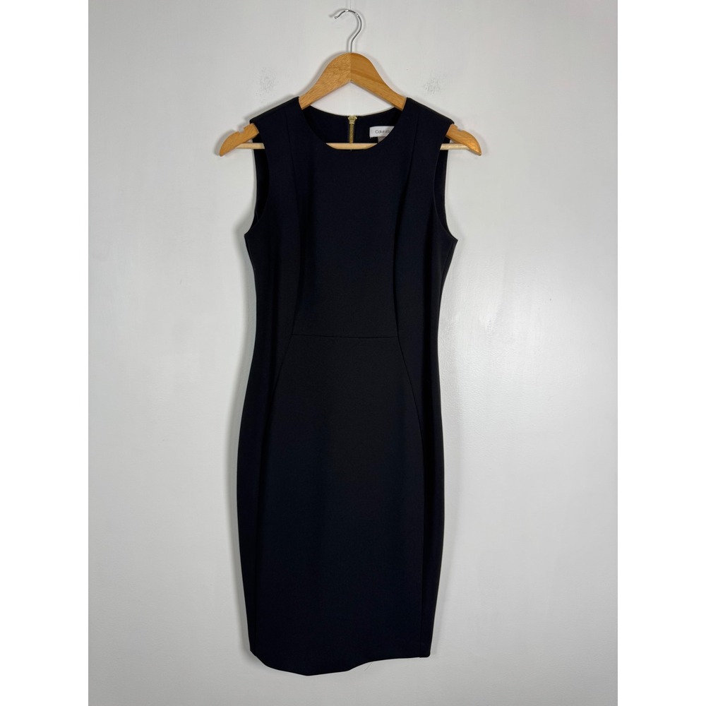 Chic Calvin Klein Womens Size 6 Sheath Dress Black Gold Zip Sleeveless Bodycon
